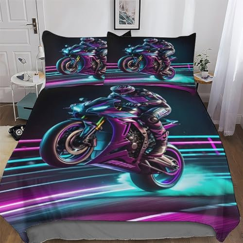 AAPZY Motorrad Racing 3D Tröster Abdeckungsset 3 Stück, Bettbezug Bettwäsche Set, Für Jungen Mädchen Schlafzimmer Atmungsaktiv Deckenbezug Mit Kissenbezug King (220x240cm)