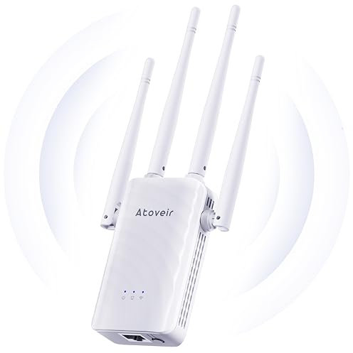 Atoveir Ripetitore WiFi Potente per Casa, Compatibile con Modem Router, Ampia Copertura del Segnale, Installazione Facile, 4 Antenne Lunghe, Bianco
