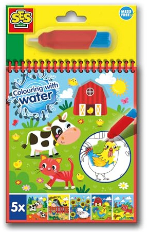 SES Creative 00132 Colour with Water Farm Book - Mess-Free Creative Play for Kids Aged 3+ - Includes 5 Reusable Pages and Refillable Water Brush - Reveal Fun Farmyard Scenes, Weiß