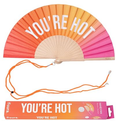 Fisura – Original Folding Handheld Fan with Fun Message you are h*t. Wooden Folding Fan for women. Pink Design with Hanger for Wedding, rave, festival. Size: 42.5 x 23 cm