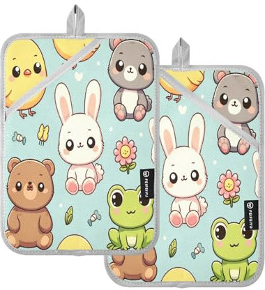 Topflappen-Set mit nahtlosem Muster von niedlichen Tieren, Baumwolle, hitzebeständig, für Küche, Kochen, Backen, Grillen, 17,8 x 25,4 cm, 2 Stück