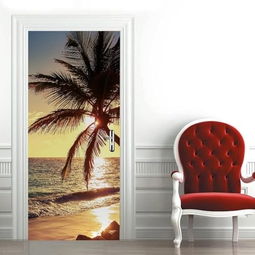 Türtapete Selbstklebend 90x210 Meer Türfolie Palmen Türaufkleber Fototapete 3D Effekt Türklebefolie Türposter für Innentür Schlafzimmer Bad Dekoration M0951