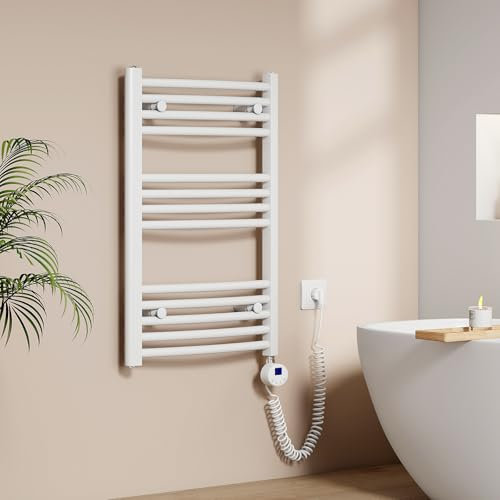 EMKE Badheizkörper Elektrisch 750 x 500 mm, Gebogen Handtuchheizkörper Elektrisch mit Thermostat Elektrischer Handtuchwärmer Handtuchtrockner Weiß 300 Watt