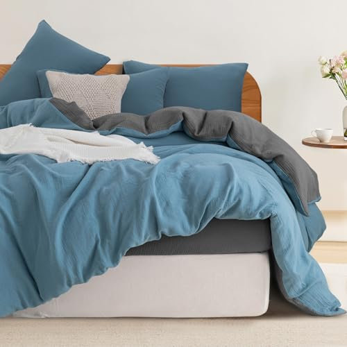 Boqingzhu Baumwolle Muslin Bettwäsche 135x200cm Petrol Blau Weich Kuschelig Sommer Wendebettwäsche Set Dunkelblau Bettbezug 135x200cm und Kissenbezug 80x80cm mit Reißverschluss