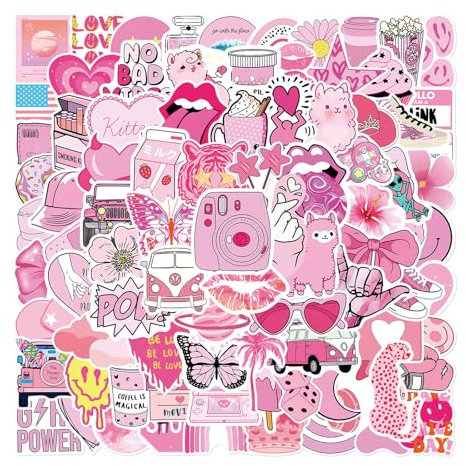 100 Pcs Pink Aesthetic Waterproof Stickers - Pink Preppy Aesthetic Vinyl Sticker - Cute Bookdish Self-Adhesive Sticker - Reusable Waterproof Stickers for Girls, Teens, DIY Crafts