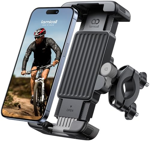 Lamicall Soporte Móvil Bicicleta, [1S Bloqueo/Desbloqueo] 360° Rotación, Soporte Teléfono Moto con Protección de Silicona para iPhone 17/16/15/14 Pro MAX, Galaxy S25 S24 Ultra, 6-7 Smartphone