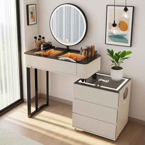 Vofikoli Schminktisch mit Spiegel und LED-Beleuchtung, Frisiertisch mit Glasplatte, Dreifarbiger runder Spiegel mit Smart Touch, Make up Tisch Modern Für Mädchen und Frauen (Weiß Ohne Stuhl, 80CM)