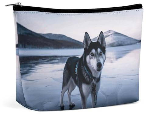 PNOMEDPKJ Beauty case da donna in pelle con cane husky su un lago ghiacciato borsa da toilette organizer portatile per pennelli da viaggio