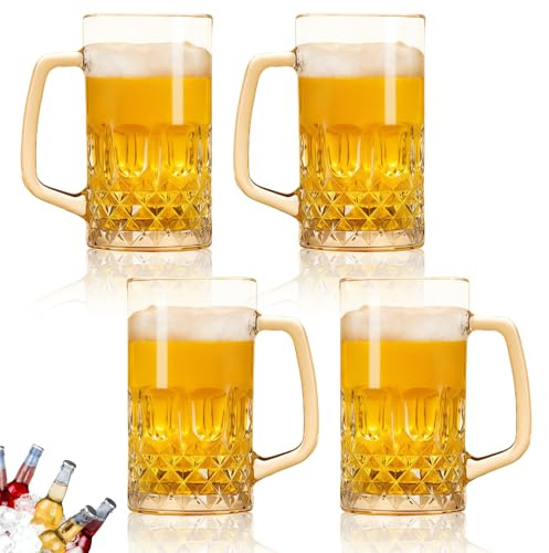 GAOUTO Juego de 4 jarras de cerveza transparentes de cristal, 500 ml, vasos de cerveza con asa, vasos de cerveza de 05 litros, gran capacidad, vasos de cerveza de trigo, para fiestas, bares
