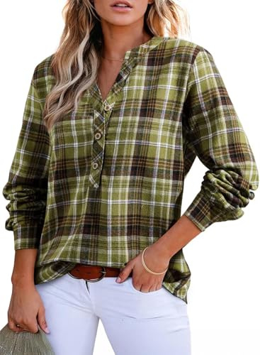 GRMLRPT Chemisier à Carreaux pour Femme à Boutons Blouse Femmes Manche Longue Chemise Col en V Décontracté Pulls Automne Printemps(Multicolore,S-XXL)