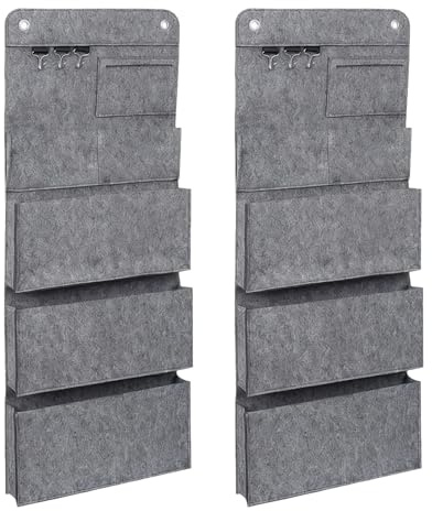 GOEDCH 2 Teiliges Filz Tasche Tür Hängeaufbewahrung: 32 x 5 x 80 cm Hängeorganizer mit 6 Taschen und 3 Haken, Mauer Hängend Lagerung Tasche für Türen, Badezimmer, Flure, Büros （Grau）