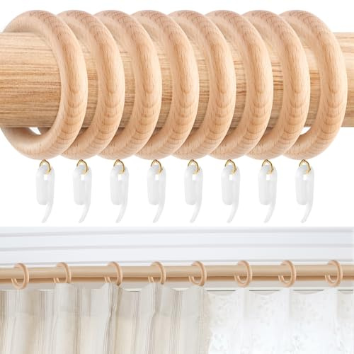 Curtain Rings, 24 PCS Wood Curtain Ring with 24 Plastic Hooks, 46mm Inner | Drape Slide Curtain Hanging Ring for Pole Rod, 46mm Inner Diameter & Eyelets for Shower Curtains, Decorative Drapery
