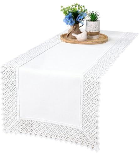 invitta Tischläufer mit Spitze 40x80 cm Weiß in Leinenoptik mit 7cm Baumwollspitze - Baumwolle Polyester 230g/m² Schwere Qualität, Fleckschutz mit Lotuseffekt, Elegante Tischwäsche