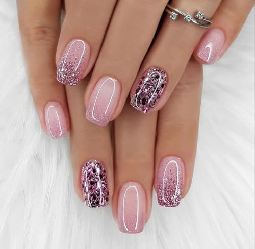 Curvlife Press On Nails Pink Diamond Acrylic Short Fake Nails Design Stick On Nails Tips, Glue On Nails False Nails For Women Nail Kit