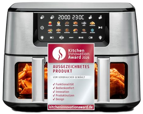 ROMMELSBACHER Doppel Heißluft Fritteuse FRH 2650, 2 Körbe à 5,5 Liter, 40 bis 230 °C, 12 Programme, Sichtfenster, Innenraumbeleuchtung, PFAS-frei, Match-und Sync-Funktion, gleichmäßige Wärmeverteilung