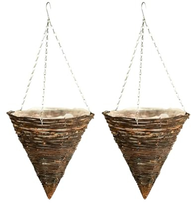 Growers Own Black Rattan Hanging Planter Baskets 14 Inch Cone – Set of 2 Rustic Outdoor Flower Baskets. Made From Durable Woven Rattan. Ideal for Garden Flowers, Cascading Vines & Trailing Plants