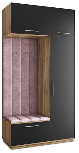 Masseno Flugarderoben Set Rema, Kleiderschrank-Set mit Sitzbank, Garderobenschrank Flur mit 5 Regalböden, Eiche Wotan/Schwarz