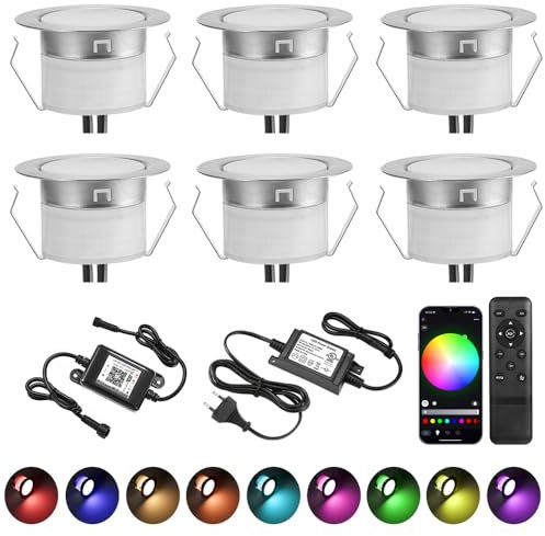 INDARUN WLAN Bodenstrahler Außen 6er Set, RGB, Kompatibel mit Alexa,Google Home, LED Bodeneinbaustrahler Aussen, IP67 Wasserdicht, DC12V, Ø45mm, Terrassenbeleuchtung, Bodenleuchten Außen