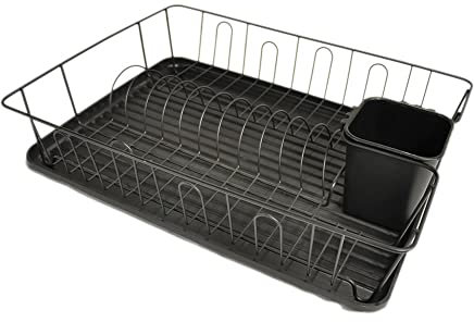 Dish Rack Drainer Kitchen Plate Drying Rack with Removable Drip Tray and Utensil Holder Anti Rust Compact Design Black
