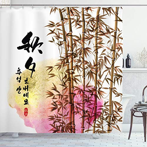 ABAKUHAUS Bambus Duschvorhang, Japanischer Bambus Asiatische, Stoffliches Gewebe Badezimmerdekorationsset mit Haken, 175 x 180 cm, Karamell Rosa