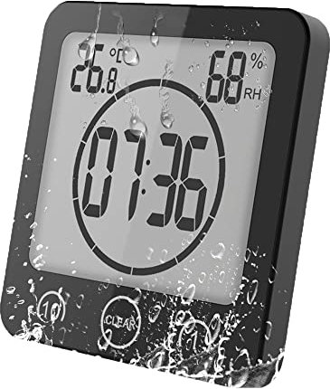 VORRINC Badezimmer Uhr, Badezimmeruhr mit saugnapf, Bad Uhr Badezimmeruhr Wasserdicht Berührungssteuerung ℃ / ℉ Luftfeuchtigkeit Temperatur LCD Display, Countdown Timer, 3 Montagemethoden (Schwarz)