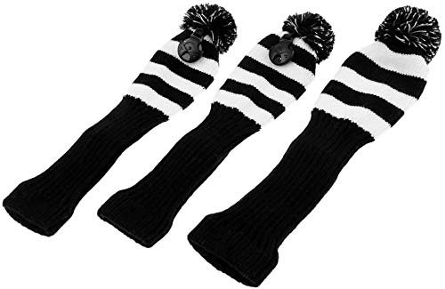 Coprimaterasso per mazze da golf, stile retrò, stile vintage, a strisce, con pon e pon per la testa ibrida, con etichette intercambiabili, 3 pezzi (bianco)