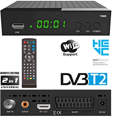 DVBT2 Ricevitore Full HD 1080P per TV WIFI (HEVC/H.265 HDMI SCART, USB 2.0, DVBT-2, DVB-T2, DVB T2, DVBT 2), Reciver, Resiver, Ricevitore, Nero