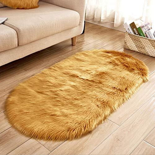 Faux Pelz Wolle Oval Teppich Shaggy Kinder Spielen Matte,Schlafzimmer Wohnzimmer Teppich Super Soft Teppich Für Sofaboden Oder Wohnzimmer Home Decorate-Gelb 60x90cm(23.6x35.4in)
