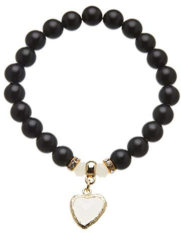 Bello London Bettelarmband mit mattschwarzen Onyxperlen und einem vergoldeten Herz - Rae B12