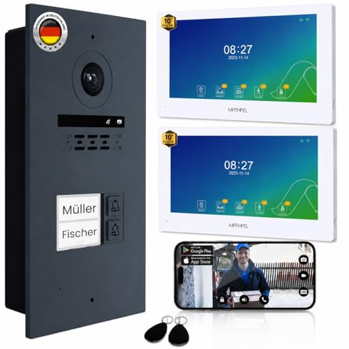 Mathfel 2-Draht Video Türsprechanlage mit RFID – WLAN Monitor, 2MP HD Kamera, 170° Weitwinkel, Türklingel mit Kamera & Türöffner für 2-Familienhaus (Anthrazit, 2 x 10)