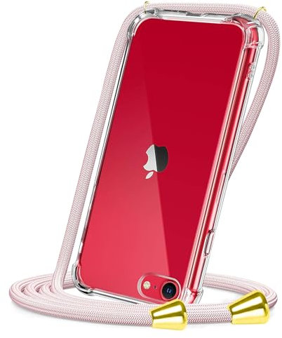 CAROKI Crossbody Case for iPhone SE 2022/2020/7/8,Necklace Mobile Phone Cover with Cord Strap for iPhone SE 3,Clear Transparent TPU Soft iPhone SE2 Cover Holder with Neck Cord Lanyard Strap-Rose Gold