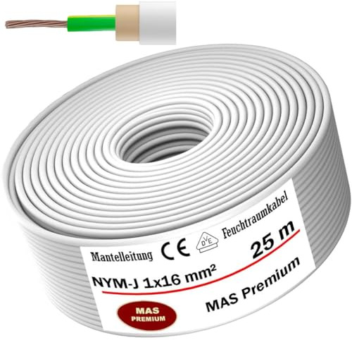 MAS Premium Feuchtraumkabel Stromkabel Mantelleitung Deutscher Marken-Elektrokabel Ring zur Verlegung über, auf, in und unter Putz, in trockenen, feuchten und nassen Räumen (NYM-J 1x16 mm², 25m)