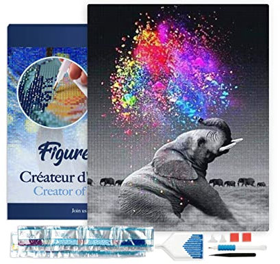 Figured'Art Diamond Painting Erwachsene 40x50cm Mit Rahmen Ganze Leinwand gespannt Elefant und Farben 5D Bilder Eckige Steine - DIY Set Basteln