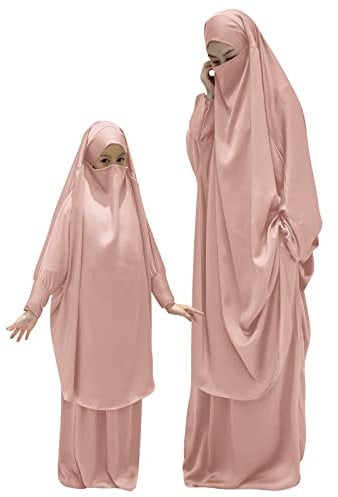 Kinder Mädchen Muslimische Abaya Langarm islamischer Kaftan Maxi Gebetskleid Mutter Tochter Passende Kleider Eid Dubai Zweiteiliges Jilbab bescheidenes Kleid Langer Khimar Rock volle Länge Rosa