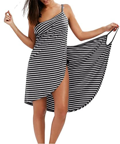 ClearloveWL Handtuchkleid Damen, Saunakilt Damen, Streifen Badetuch Wearable Beach Wickelkleid, Wickel Rock Wasseraufnahme Schnell Trocknen Sexy Bademantel (Color : Black, Size : S)