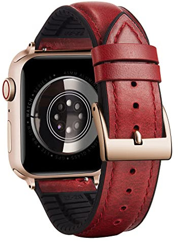 BINLUN Kompatibel mit Apple Watch Armband 42mm 41mm 40mm 38mm Lederarmband Ölwachsleder Silikon Ersatzarmband Passt für iWatch SE3/2/1 Series 11 10 9 8 7 6 5 4 3 2 1(Rot-Roségold)
