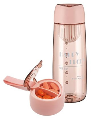 OBELIEF 22oz Water Bottle & Pill Organizer, Travel Storage Container for Water, Juice, Vitamins, Large Pillbox for Outdoor Gym Travel, Easy Carry Strap, BPA Free Plastic, 700ml (Blush)