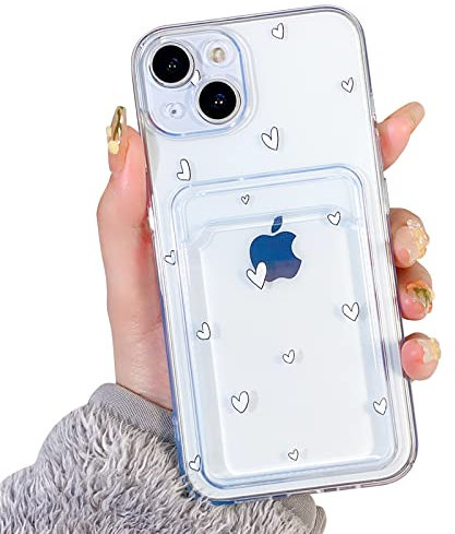 NITITOP Compatible for iPhone 13 Case Clear with Card Holder, Cute Heart Pattern Love Design for Women Girl, Protective Soft TPU Shock-absorbing Wallet Case for iPhone 13-White Heart