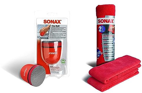 SONAX Clay-Ball (1 Stück) Problemlöser gegen hartnäckige Verschmutzungen auf Lack und Glas | Art-Nr. 04197000 & MicrofaserTücher Außen (2 Stück) der Lackpflegeprofi, hochwertig und flauschig