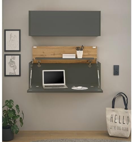 Lomadox Homeoffice Set anthrazit mit Eiche 2-teilig modern, 1 Sekretär, 1 Hängeschrank