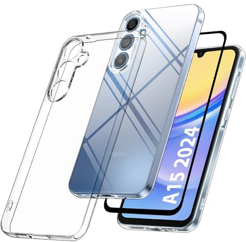 LHRCEI Hülle für Samsung Galaxy A15 4G / 5G mit Schutzfolie Glas, Durchsichtig Case Dünne TPU Silikon Transparent Schutzhülle Kamera Schutz Handyhülle