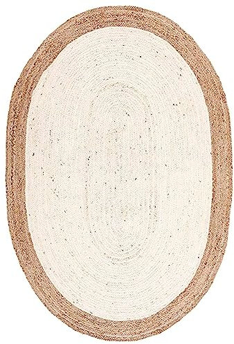 Agro Richer Teppich Jute Beige Bordüre Oval Form Area Rug Carpet, Teppiche für Wohnzimmer Teppich Innen & Außen, Flur, Küche, Esszimmer Teppich (Weiß + Beige, 120 x 180 cm (4x6 Fuß))