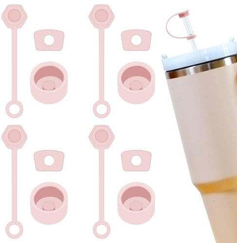 Auslaufstopfen für Stanley Cup 2.0, 850 ml und 1134 ml, Set mit 4 auslaufsicheren Silikon-Stoppern, Becherzubehör, inklusive Trapez-Trinkhalm-Abdeckung, Leckstopfen und Deckel (Rosenquarz)