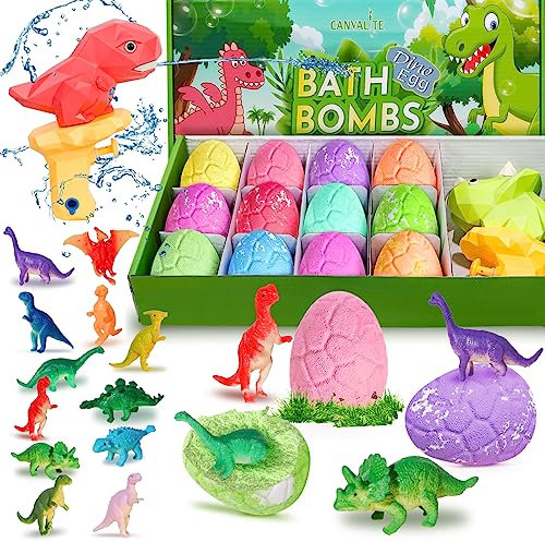 Canvalite Dinosaur Bath Bombs for Kids with Surprise Toy Inside, Fun Educational Toy Dino Fizzy Balls w/Rich Bubbles, Organic Dinosaur Gift Set, Kids Bubble Bath Dino Egg for Kids 3 4 5 6 7 8 9 Year