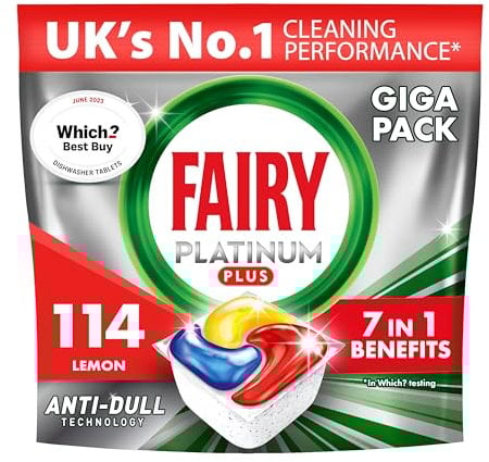 Fairy Platinum Plus Tablettes Lave-Vaisselle Tout En 1 Citron, 114 Capsules (6x19), Technologie Anti-terne, Redonne l'Éclat, Prévient le Calcaire, Système Prélavage Intégré, Efficace en Cycles Courts