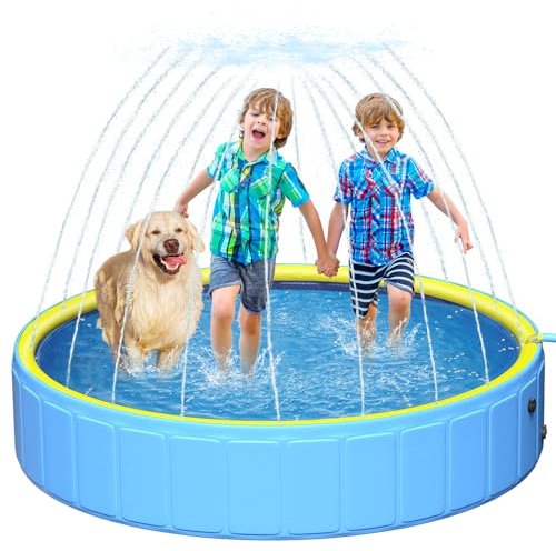 79 Thicken Dog Paddling Pool for Pet and Kids,Non-Slip Kiddie Pool Hard Plastic,2-in-1 Foldable Sprinkler Pool,Extra Large Kids Pool,Portable Swimming Pool for Summer Outdoor Backyard
