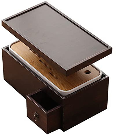 NOALED Bandeja de té de bambú, Servicio de Mesa de té Chino Gongfu, Bandeja de té de bambú Tipo depósito, Juego de té Rectangular con Caja de Almacenamiento, Bandeja Decorativa para Mesa de té (C)