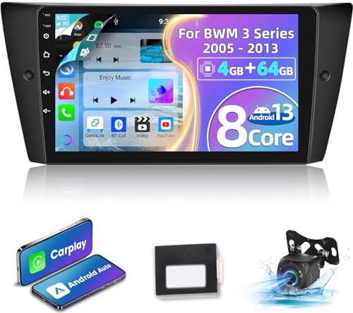 Autoradio Android 8 core per BMW Serie 3 E90 E91 E92 E93 2005-2013 - Carplay senza fili & Android Auto - 4 + 64G Schermo da 9 pollici DSP Radio - WiFi/GPS/SWC + Telecamera posteriore AHD e MIC