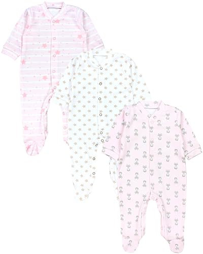 TupTam Baby Mädchen Schlafstrampler mit Fuß 3er Pack, Farbe: Fuchs Rosa Streifen Sterne Beige, Größe: 56