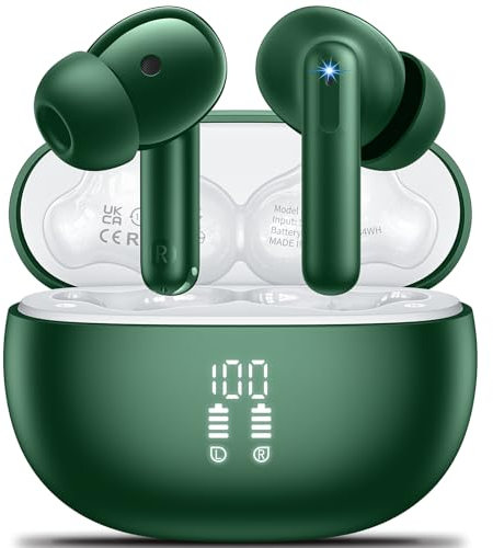 Bluetooth Kopfhörer in Ear Kopfhörer Kabellos Bluetooth 5.3 HiFi Stereoklang, Kopfhörer mit 4 ENC Cancelling Mic, 42H Kabellose Kopfhörer con LED Anzeige , IPX7 Wasserdicht, Geeignet Sport/Büro- Green